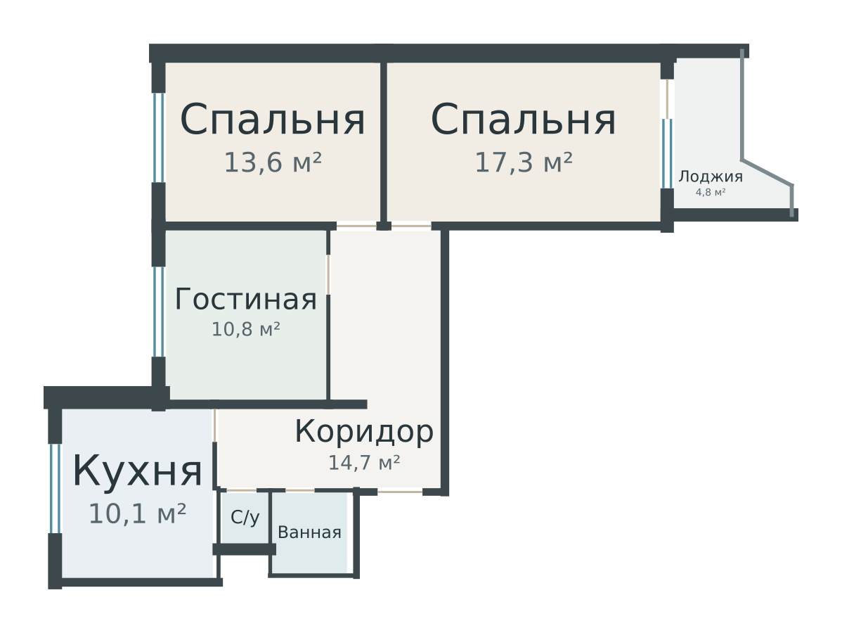 План: П-44 — трёхкомнатная с лоджией