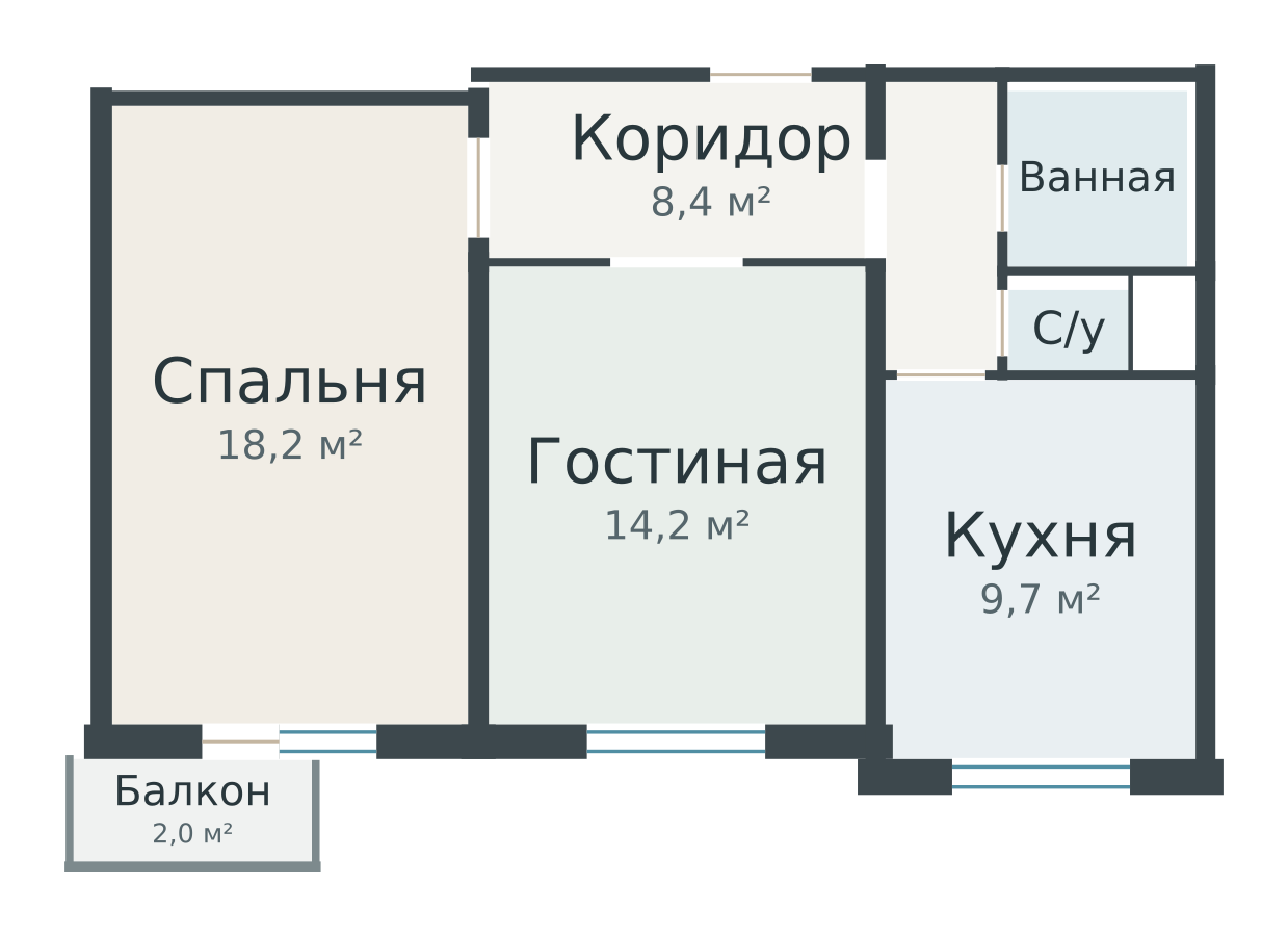 План: П-3 — двухкомнатная с балконом