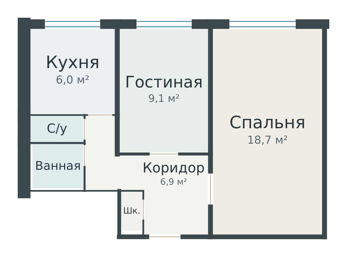 План: II-49 — двухкомнатная с отдельной кухней